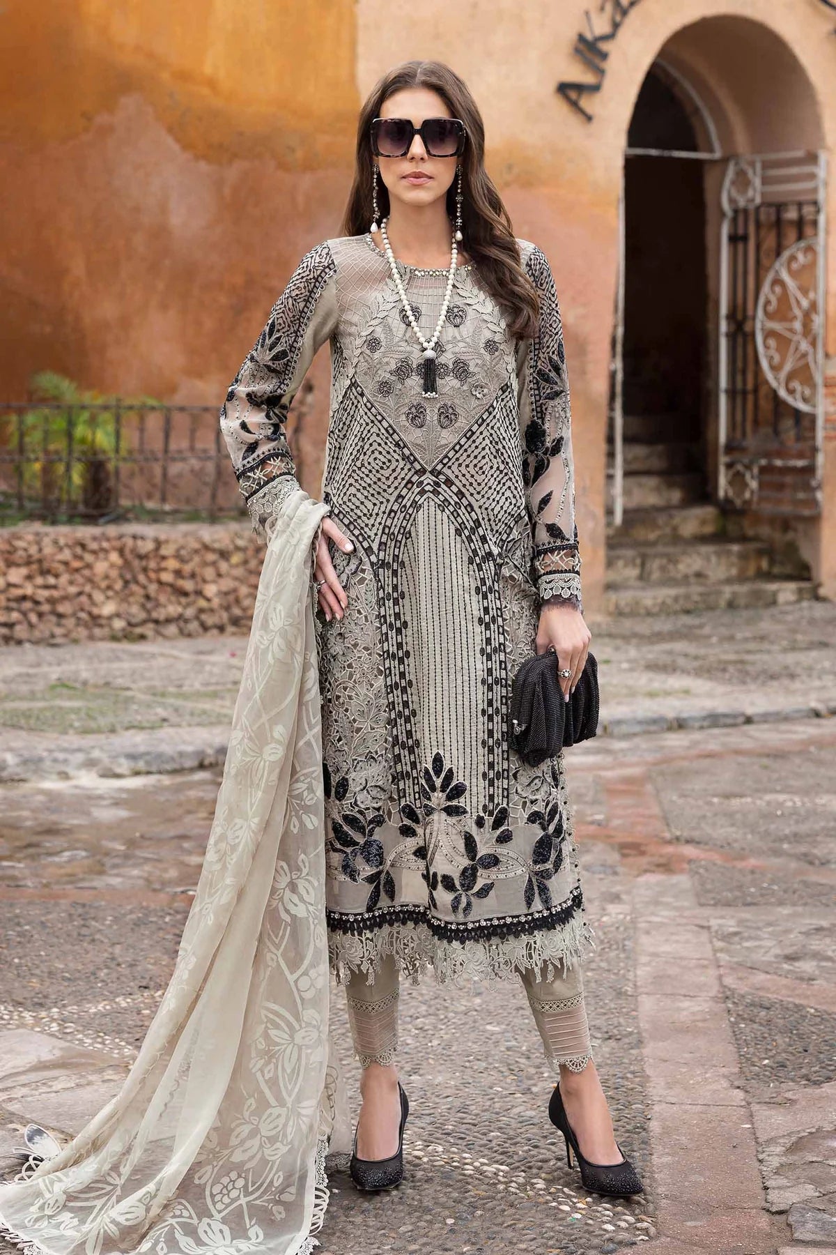 3 Piece Unstitched Embroidered Paper Cotton Suit | D-2510-B - MARIA.B