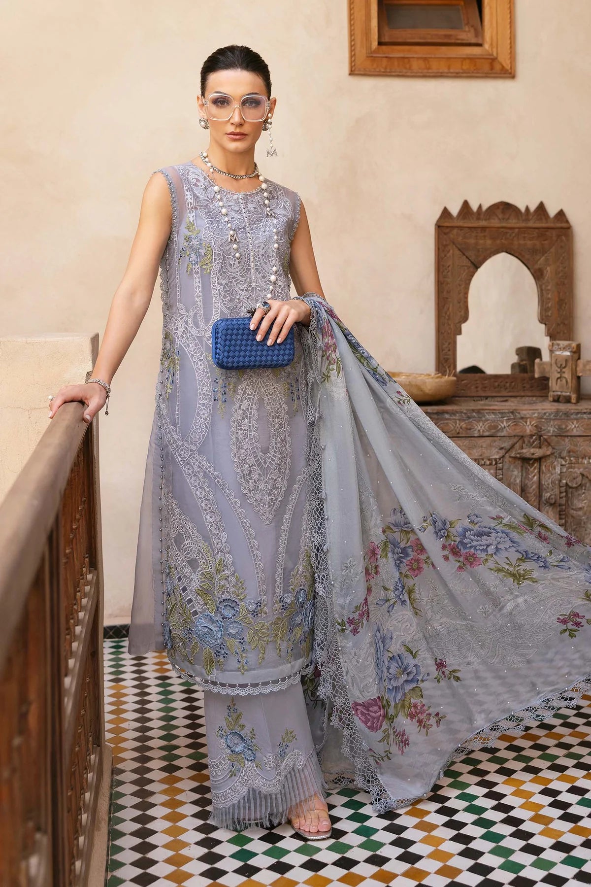 3 Piece Unstitched Embroidered Organza Suit | D-2509-B - MARIA.B