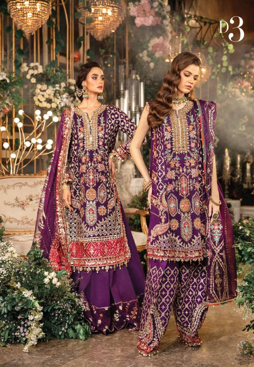 3 Piece Unstitched Embroidered Raw Silk Suit | BD-2903 | Maira B